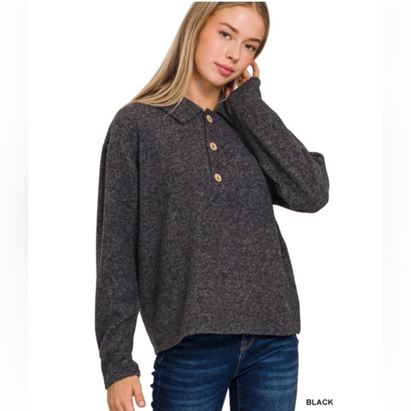 Zenana BRUSHED MELANGE HACCI COLLARED SWEATER - Picture 1 of 3